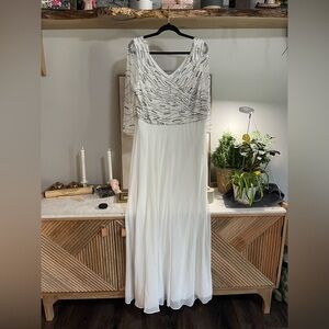 NWT J Kara Ivory and Silver Beaded Gown